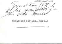 [Tarjeta de visita de Francisco Espinoza Dueñas enviada a Francisco Umbral]