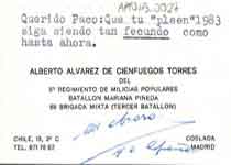 [Tarjeta de visita de Alberto Álvarez de Cienfuegos enviada a Francisco Umbral]