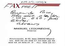 [Tarjeta de visita de Manuel Leguineche, Director de Fax Press enviada a Francisco Umbral]